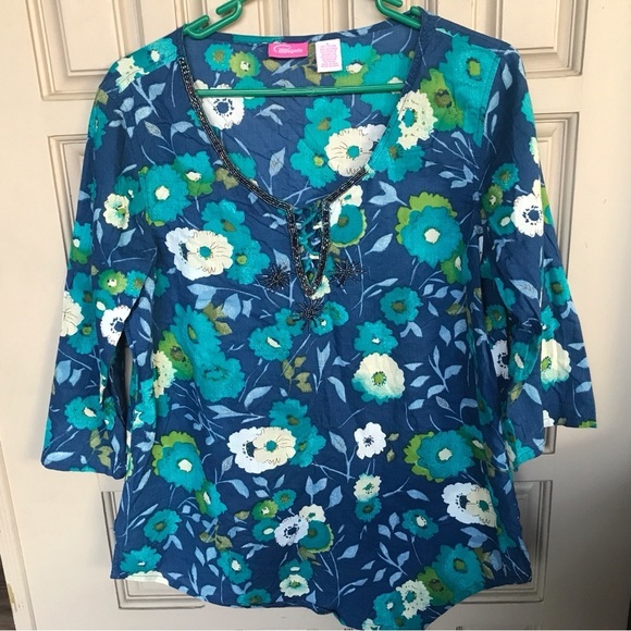 Papagallo Summer Teal Cotton Blouse Pullover 3/4 Sleeve SzL - Picture 1 of 9